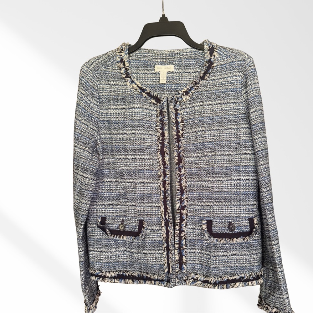 Charter Club Tweed Blazer Navy Blue White Fray Trim L Women’s Jacket